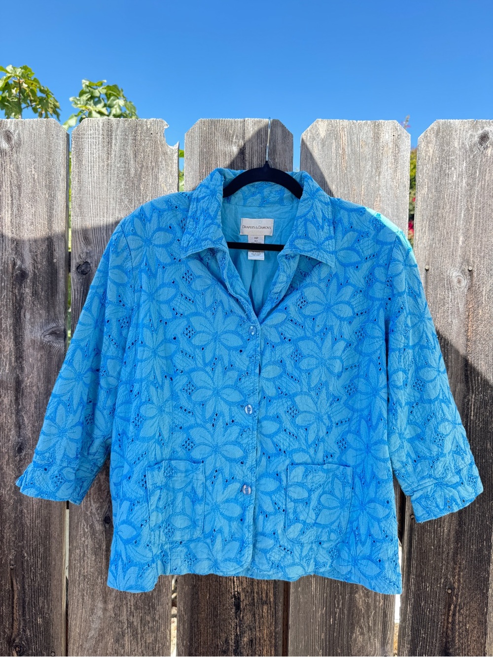 Vintage Blue Floral Eyelet Button-Front Jacket 100% Cotton